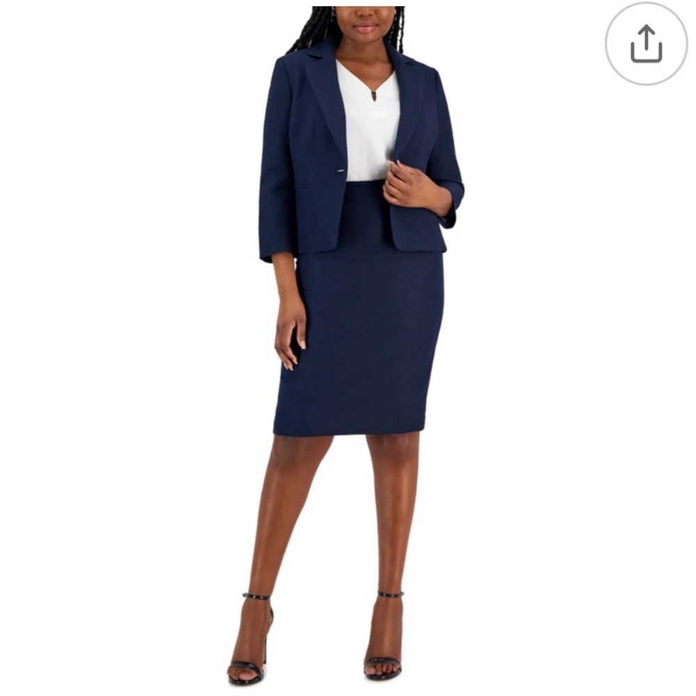 NWT Le Suit Jacquard Single Button with Skirt Suit Navy  Size 6P